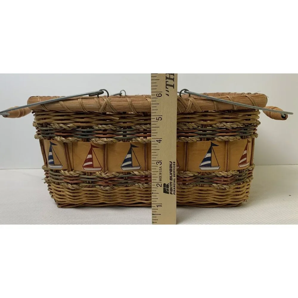 Vintage Nautical-Themed Woven Basket Wire Bail Handles Sailboat Design 10